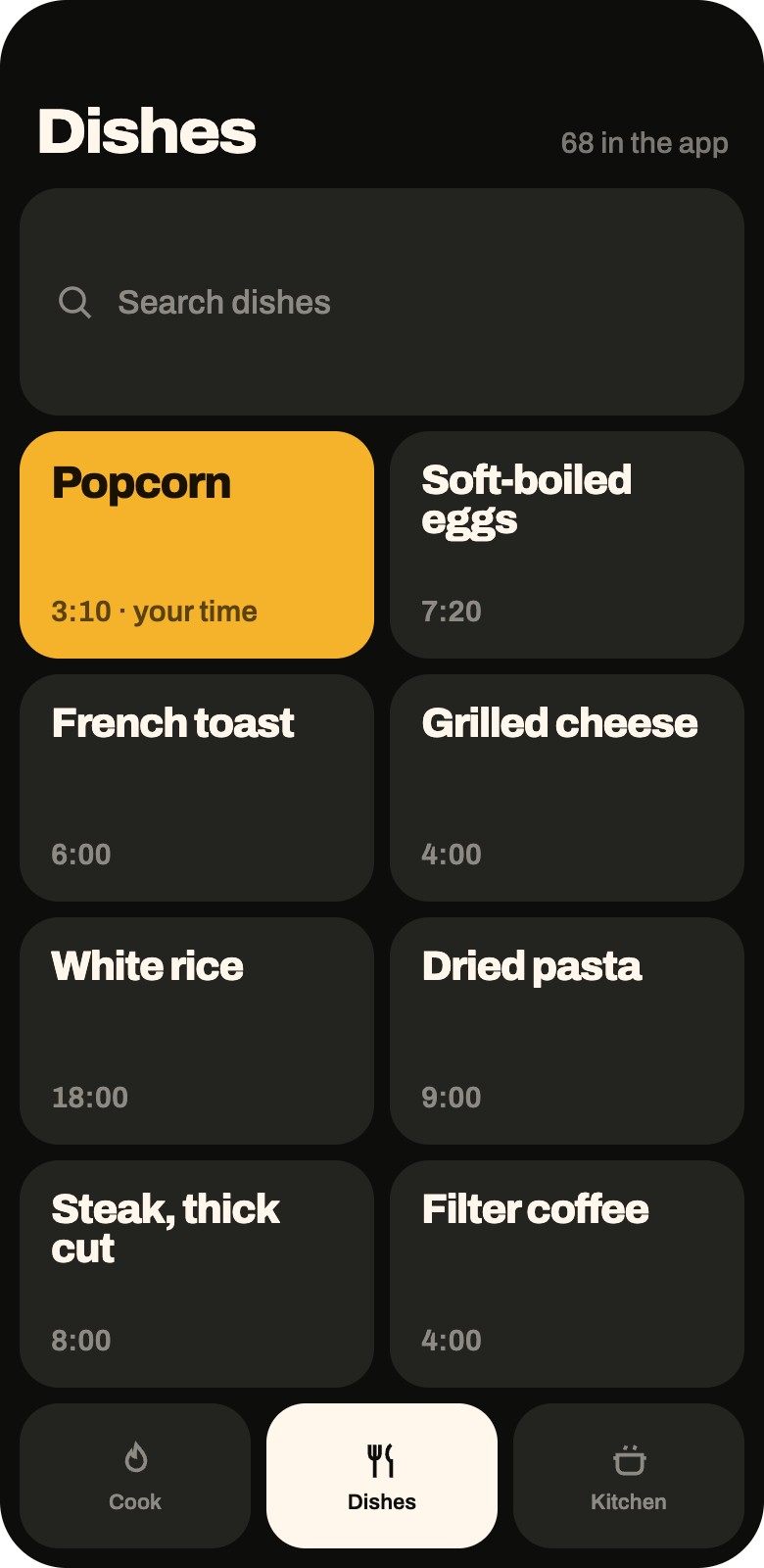 The Dishes screen: a search field and a scrolling list of dishes with baseline times, over a three-tile navigation bar.